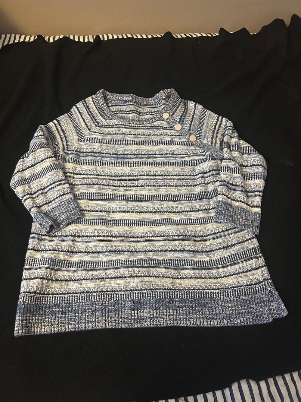 Allison Daley Blue and White Striped Button-Shoulder Sweater